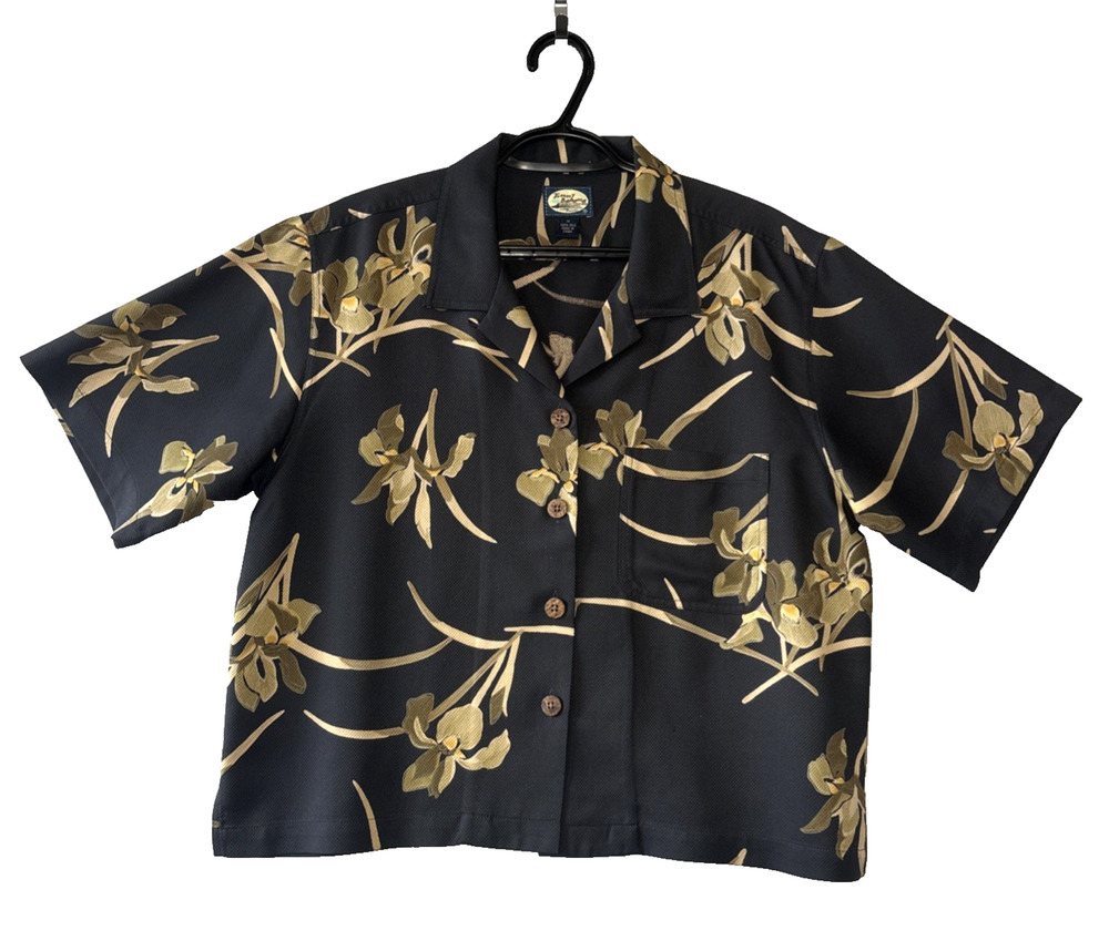 Tommy Bahama Womens Size M Silk Floral Crop Top Camp Shirt Black Orchid Tan